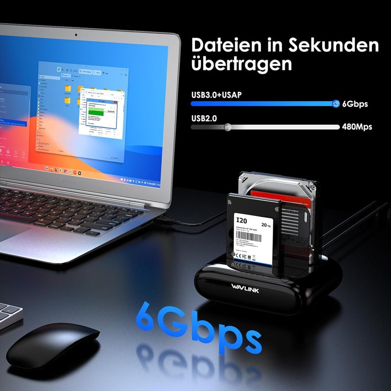 WAVLINK Dual Bay Hard Drive Docking Station - USB 3.0 to SATA I/II/III for 2.5" & 3.5" HDD/SSD with Fixed Bezel, Supports Offline Clone/Duplicator Function, Supports 2x20TB with UASP 6Gbps - Black - Image 3